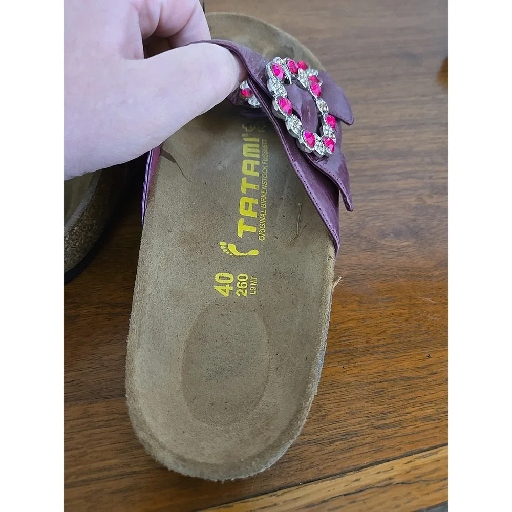 Tatami Birkenstock Sandals Womens 40 Narrow Purple Leather Rhinestone Slide